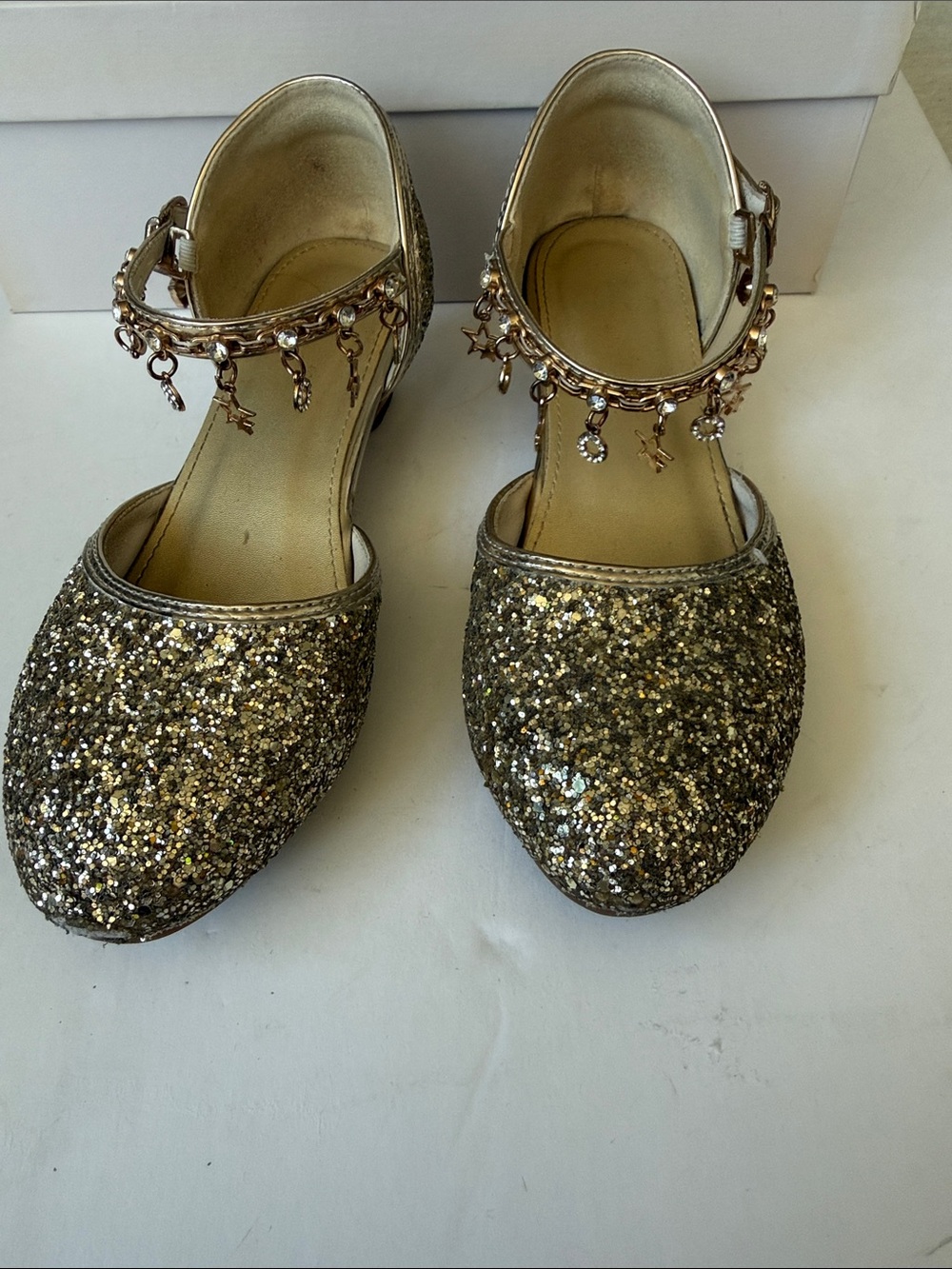 Girl Gold Glitter Ankle-Strap Flats with Charm Trim